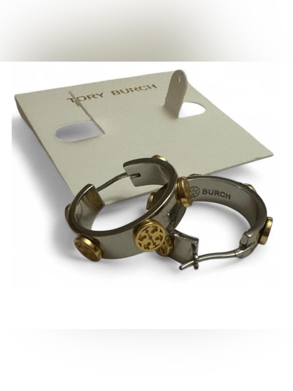 Tory Burch Gray Enamel Hoop Earrings with Gold Logo Accents